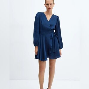 Mango Blue Long Sleeve Wrap Dress